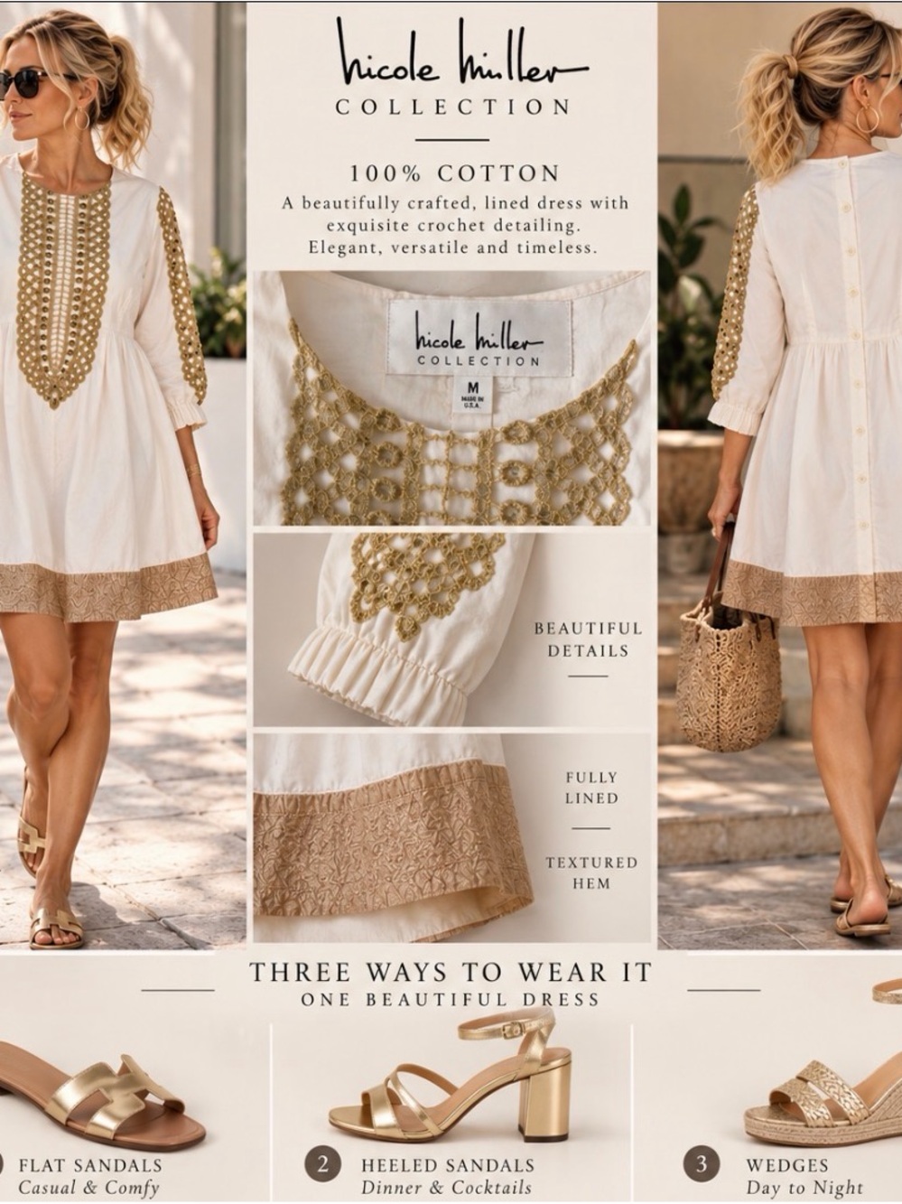 Nicole Miller White Cotton Tunic Dress with Gold Crochet & Tan Hem